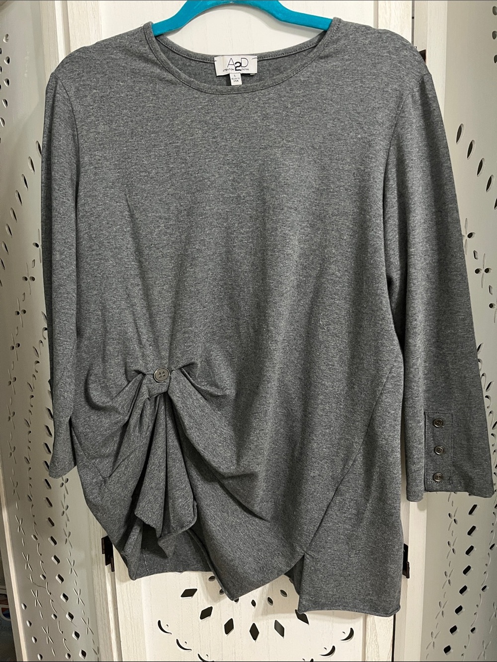 Heather Gray Long-Sleeve Twist and Button Detail Top